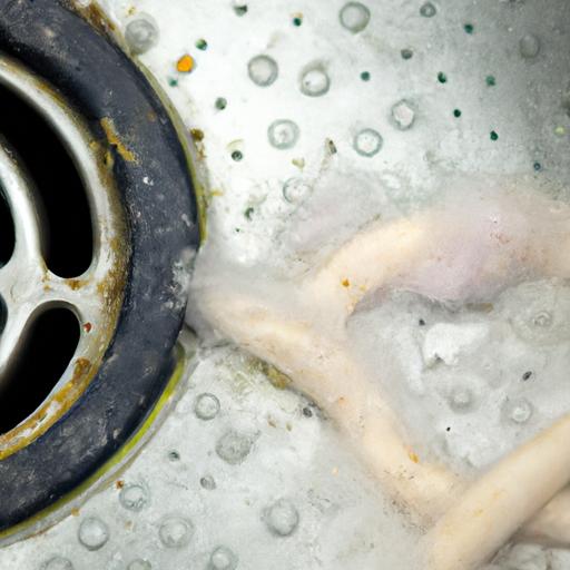 Hair and soap scum buildup in a clogged shower drain.