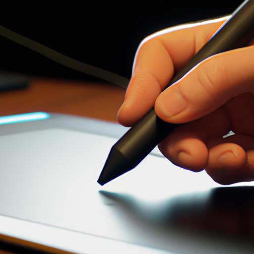 Close-up of a hand using a stylus pen on a graphics tablet to refine a background selection in Photoshop.